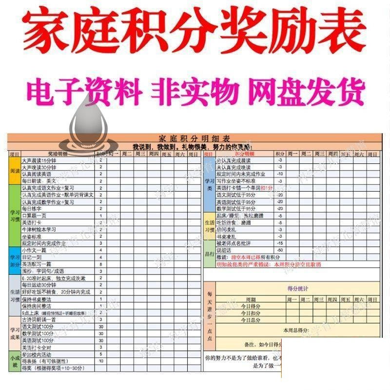 B267家庭积分奖励儿童惩罚积分表小学生儿童自律表可打印电子模板-淘淘虚拟仓