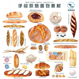 手绘水彩面包烘焙法棍甜甜圈甜点手账卡片PNG免扣图设计素材-淘淘虚拟仓